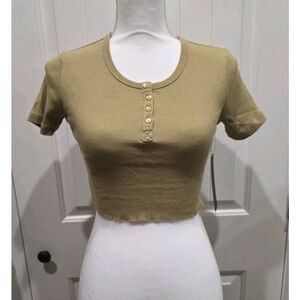 Mono B Ribbed Green Basic Half Button Down Cropped T Shirt Size L NWT
